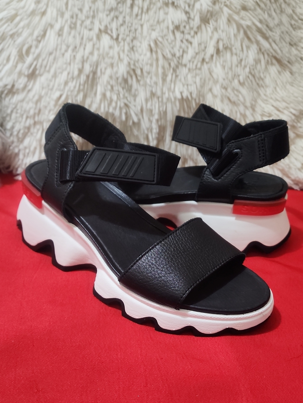 Sorel Kinetic Black & White Chunky Platform Sandals with Red Accent